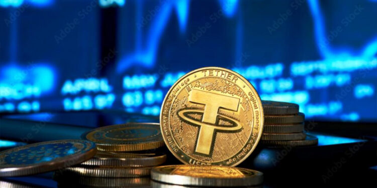 moneda de tether entre monedas apiladas con grafico de precio en pantalla en el fondo