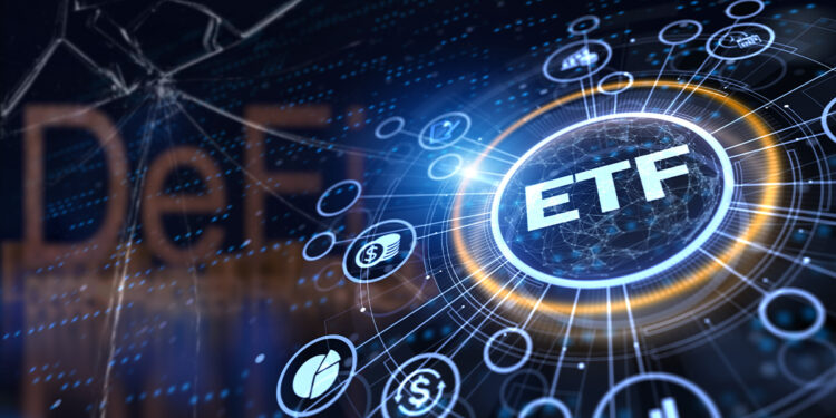 interfaz de ETF digitales sobre cristal roto con DEFI en el fondo