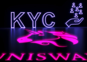 logo de uniswap sobre plataforma oscura con KYC en el fondo