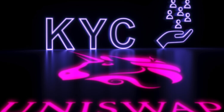 logo de uniswap sobre plataforma oscura con KYC en el fondo