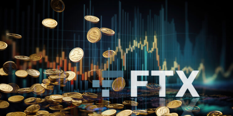 monedas cayendo sobre mesa de vidrio con grafco de precio y logo de FTX