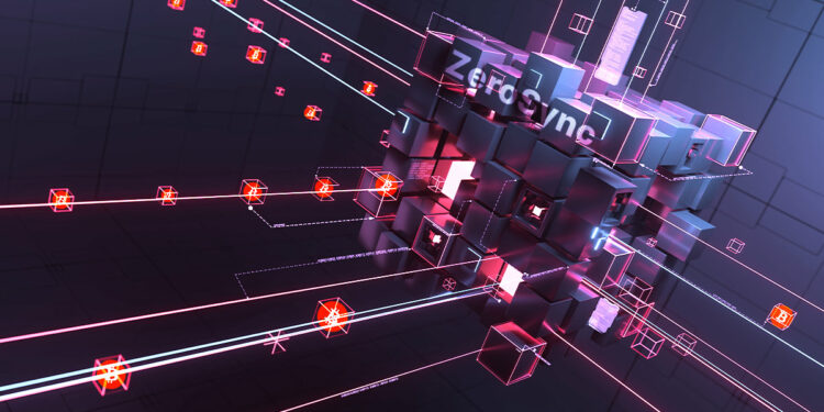 logo de bitcoin en bloques digitales entrando a bloque con logo de ZeroSync
