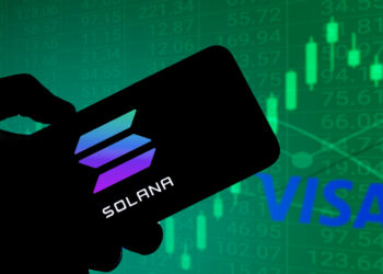 Criptomoneda Solana y logo de VISA.