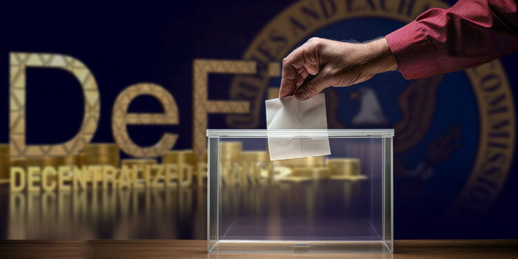 persona depositando voto en urna de cristal de las DeFi en votación de BarnBridge para decidir como afrontar las demandas de la SEC