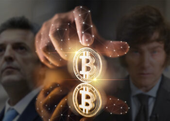 mano señalando moneda de bitcoin brillante con los candidatos presidenciales, javier milei y Sergio massa en el fondo