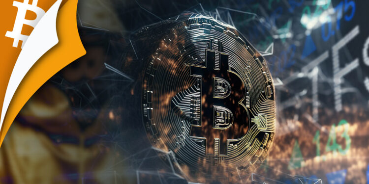 moneda de bitcoin sobresaliendo de red con satoshi nakamoto al fondo y listado de etf de mercado