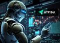 Robot cibernético frente a pantalla de trading con el logo de ATPBot.