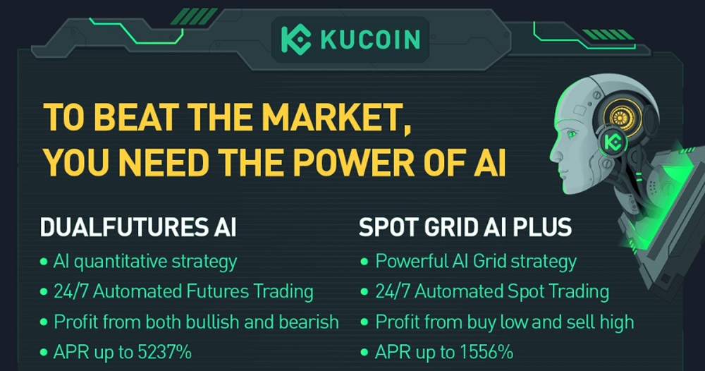 Pancarta promocional de las estrategias de trading DualFutures AI y Spot Grid AI Plus de KuCoin.