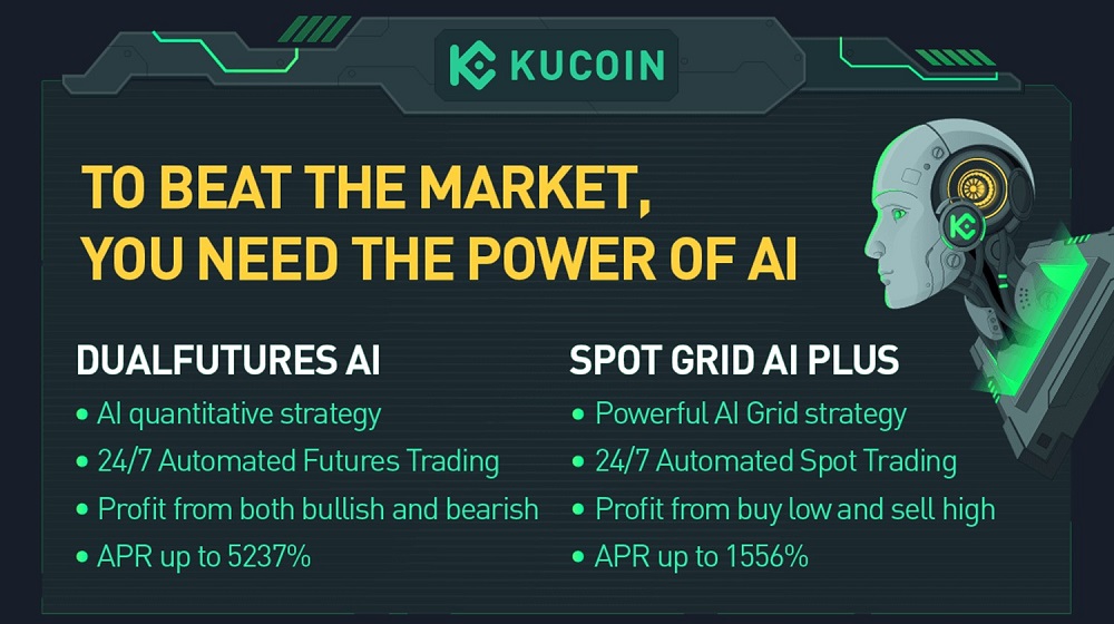 Pancarta promocional de los productos DualFutures IA y Spot Grid IA Plus de KuCoin.