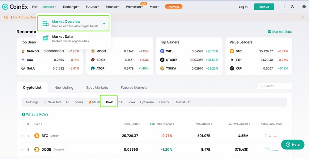 Pantalla de Datos de Mercado con el precio de las monedas PoW de la plataforma de trading de CoinEx.