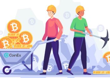 Dibujo de dos hombres en una mina de bitcoin con un carretón con el logo de CoinEx lleno de bitcoins.
