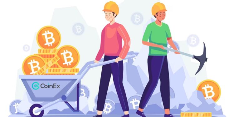 Dibujo de dos hombres en una mina de bitcoin con un carretón con el logo de CoinEx lleno de bitcoins.