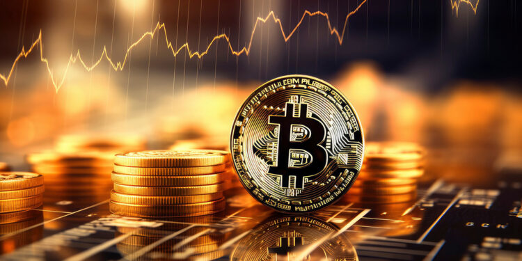 moneda de bitcoin entre monedas apiladas con grafico de precio dorado en alza en el fondo