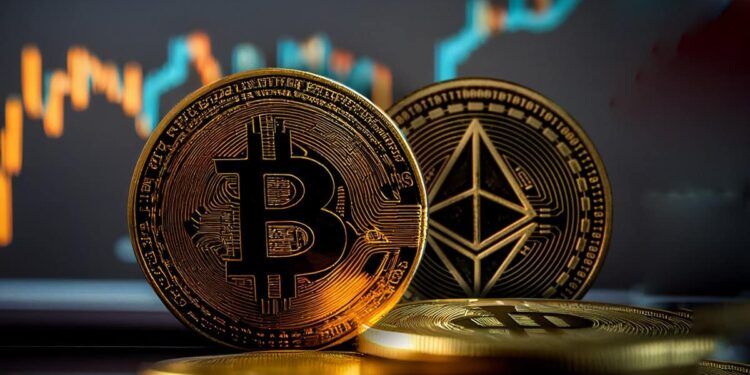 monedas de bitcoin y ethereum con grafico de precio alcista en el fondo