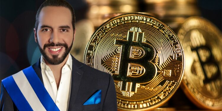 Nayib bukele junto a monedas de bitcoin apiladas