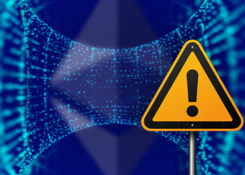 señal de advertencia con puente digital y logo de ethereum en el fondo