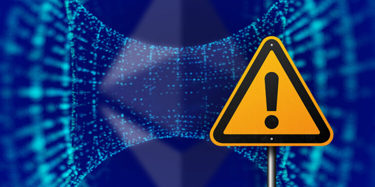 señal de advertencia con puente digital y logo de ethereum en el fondo