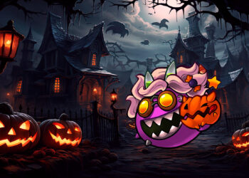 Axie Infinity en camino a casa embrujada rodeado por calabazas decoradas para halloween