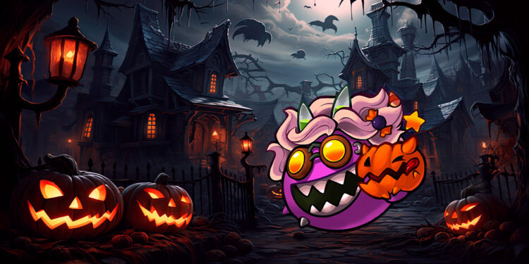 Axie Infinity en camino a casa embrujada rodeado por calabazas decoradas para halloween