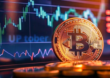 moneda de bitcoin entre monedas apiladas con grafico de precio alcista en pantalla al fondo