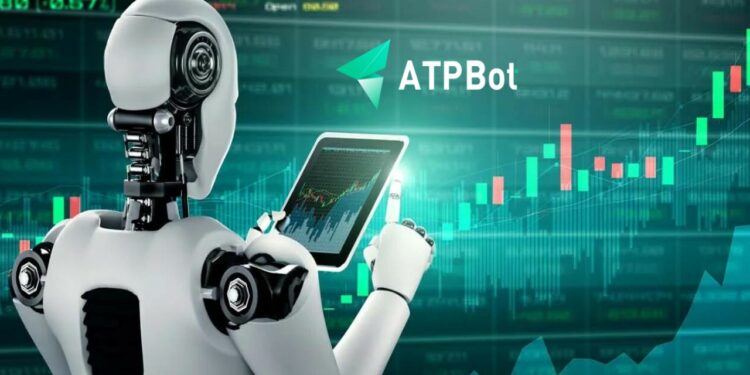 Robot sosteniendo una tablet frente a un gráfico de precios y el logo de ATPBot.