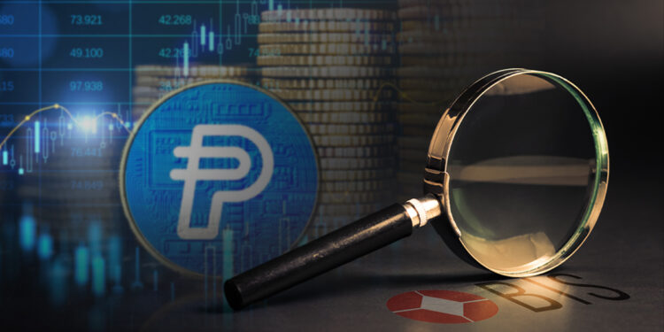 logo de BIS sobre mesa con lupa apoyada sobre logo y moneda de paypalusd en el fondo