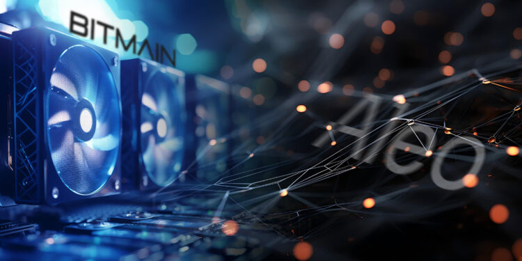equipos de mineria de Bitmain junto a red digital con logo de aleo