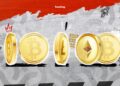 Monedas doradas de Bitcoin, Litecoin y ether en fila, usadas en el casino Bodog.