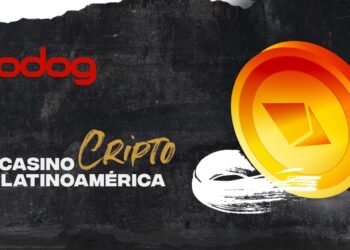 Una moneda de color amarillo con sombra roja con el icono de Ether y el logo del casino Bodog.