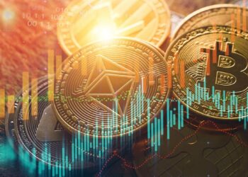 monedas de ethereum y bitcoin con grafico de precio alcista superpuesto