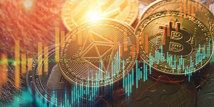 monedas de ethereum y bitcoin con grafico de precio alcista superpuesto