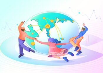 Dibujo de tres jovenes tomados de la mano saltando alrededor de un globo terráqueo.