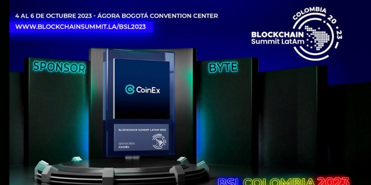 Pancarta promocional de la Blockchain Summit Latam 2023 en Bogota, Colombia por parte de CoinEx.