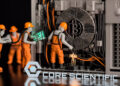 Mineros de bitcoin y logo de Core Scientific