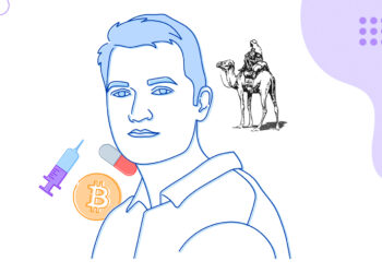 Imagen caricaturizada de Ross Ulbricht con símbolos de Silk Road, Bitcoin y Drogas