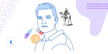 Imagen caricaturizada de Ross Ulbricht con símbolos de Silk Road, Bitcoin y Drogas.