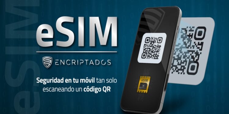 Teléfono celular con un código QR y una tarjeta SIM en pantalla junto al logo de Encriptados.