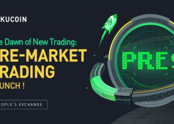 Pancarta promocional del producto Pre-Market Trading de KuCoin.