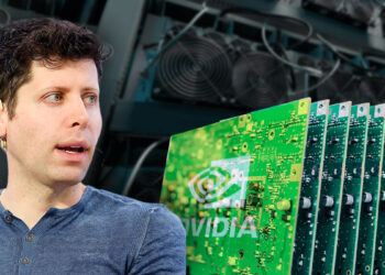 Sam Altman junto a chips de nvidia y mineros de criptomonedas en el fondo