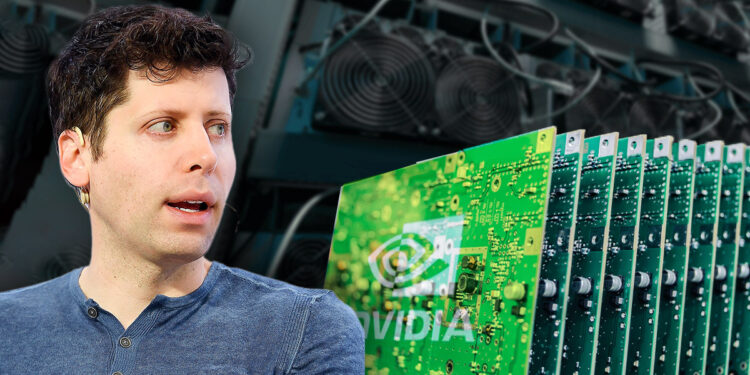 Sam Altman junto a chips de nvidia y mineros de criptomonedas en el fondo