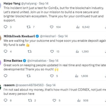 Hilo de Twitter con los tweets de la comunidad en respuesta a los tweets de CoinEx acerca del hackeo.