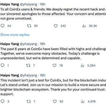 Hilo de Twitter con tweets del CEO de CoinEx luego del hackeo.