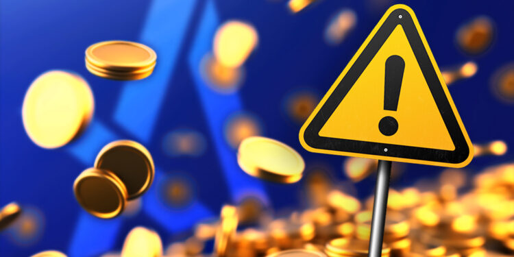 señal de aviso con monedas cayendo y logo de Grok IA en el fondo
