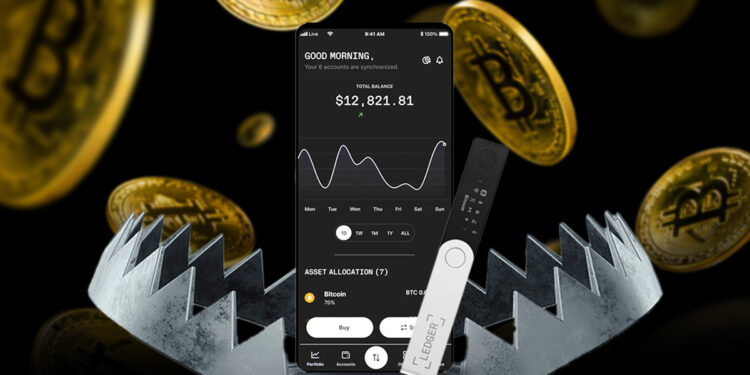 cold wallet ledger junto a telefono movil con aplicación ledger live dentro de trampa para osos con monedas de bitcoin cayendo en el fondo