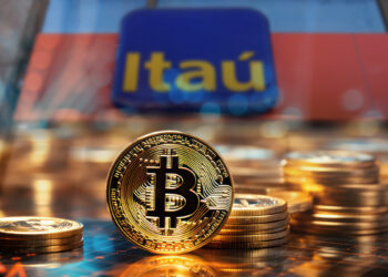 moneda de bitcoin entre monedas apiladas con sede del banco itaú en el fondo