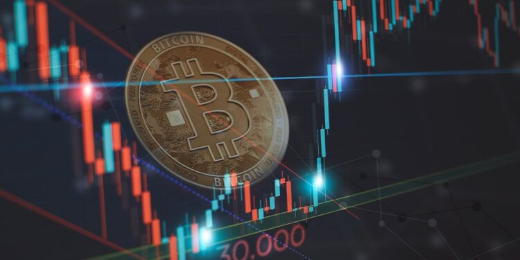 moneda de bitcoin entre grafico de precio en bajada alcanzando soporte a nivel de 30.000 dólares y regresando al alza