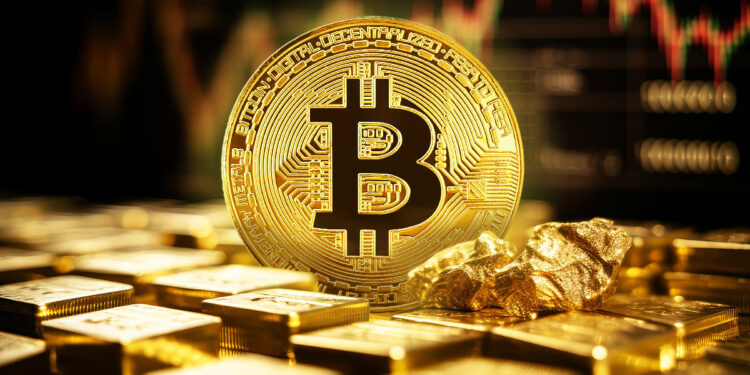 moneda de bitcoin entre lingotes de oro con grafico de precio al fondo