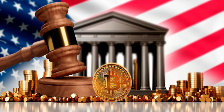 Bitcoin, banco y bandera de EE. UU.