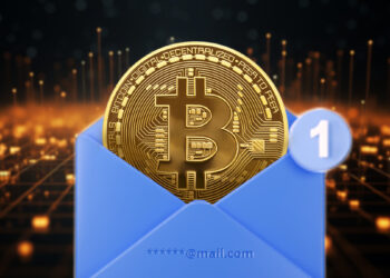 moneda de bitcoin dentro de email con red digital en el fondo