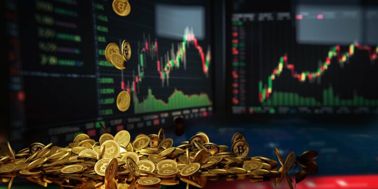 monedas de bitcoin cayendo sobre mesa con graficos de casas de cambio en el fondo